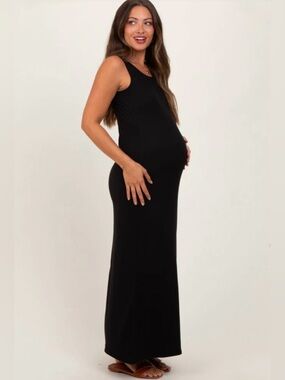 Pinkblush Zenana Black Sleeveless Flared Scoop Neck Maternity Maxi Dress